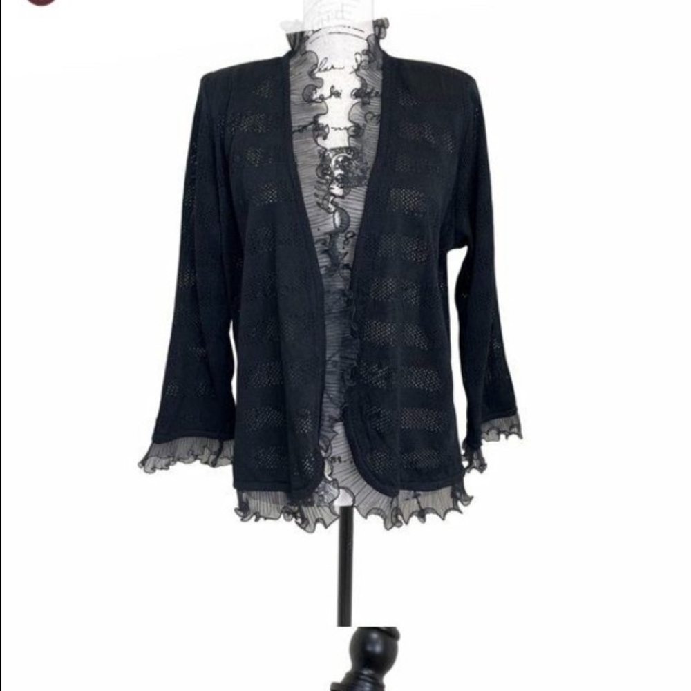 Exclusively Misook Black Ruffle Trim Cardigan Size M Meshed S1
